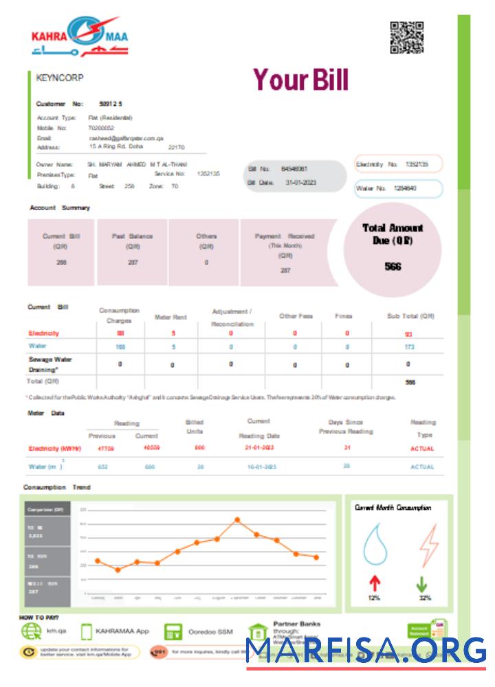 Realistic Kahramaa utility business bill, page 1, SCR template